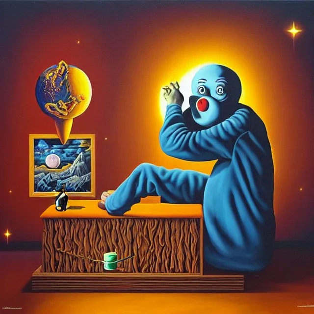 Prompt: an oil on canvas painting of a sad clown sitting by himself next to the devil, surrealism, surrealist, cosmic horror, rob gonsalves, high detail