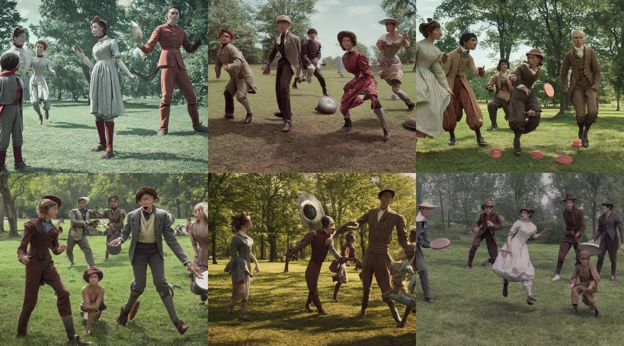 Prompt: detailed, sharp, a human boy and a human girl playing frisbee with two humanoid aliens, wearing 1850s era clothes, in a park on an alien planet, extremely highly detailed, in focus faces, 70 mm still from a period sci fi color movie, 4k, HD, cinematic lighting