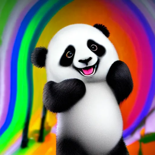 Prompt: little panda smiling smeared a rainbow, fool body, cinematic light, 3 5 mm, hyper realistic