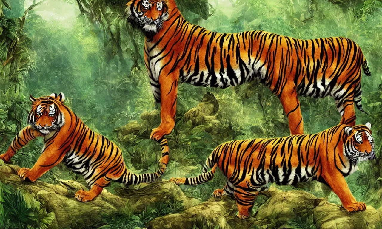 Image similar to a beautiful digital colorful detailed illustration of a fierce tiger in jungle, matte painting