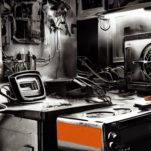 Image similar to cyborg toaster oven repairman, dark messy smoke - filled cluttered workshop, dark, dramatic lighting, orange tint, sparks, plasma rays, cinematic, highly detailed, sci - fi, futuristic, movie still