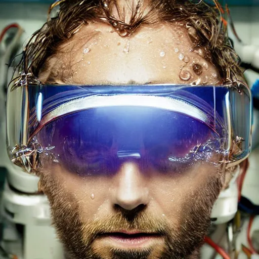 Prompt: big headed thom yorke singer songwriter in a water filled spacesuit visor, filled with water, space station light reflections, ultrafine detail, hyper realistic face, beautiful eyes, chiaroscuro, associated press photo, eyes reflecting into eyes reflecting into infinity