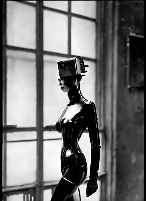 Prompt: photography of beautyful female android steampunk by henri cartier - bresson,