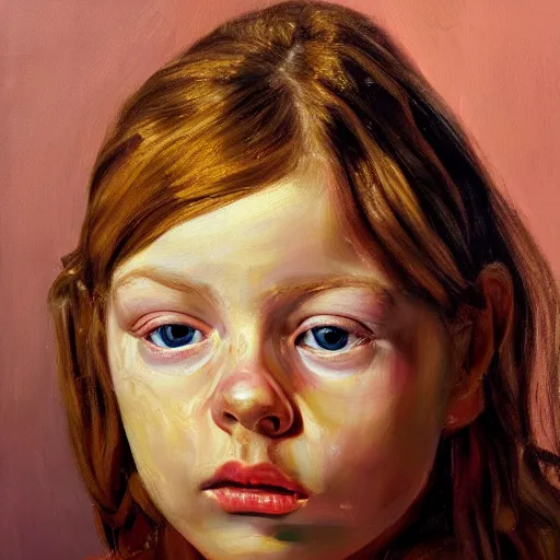Image similar to high quality high detail painting by lucian freud, hd, beautiful young girl portrait, orange and violet, photorealistic lighting