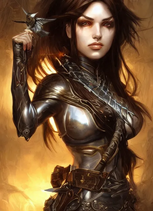 Prompt: a highly detailed symmetrical painting of a female fantasy ranger with piercing beautiful eyes in dark tomb setting, dynamic lighting, ambient lighting, trending on artstation, art by artgerm and karol bak and mark brooks