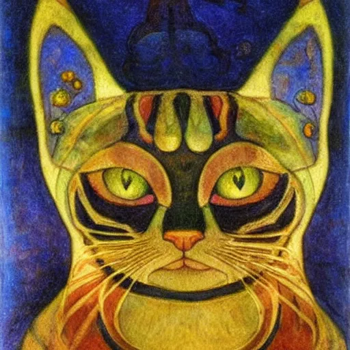 Image similar to cloisonne cat head, by annie swynnerton and diego rivera and nicholas roerich and jean delville, symbolist, dramatic lighting, god rays, elaborate geometric ornament, art brut, rich colors, smooth, sharp focus, extremely detailed, adolf wolfli and ( donato giancola )