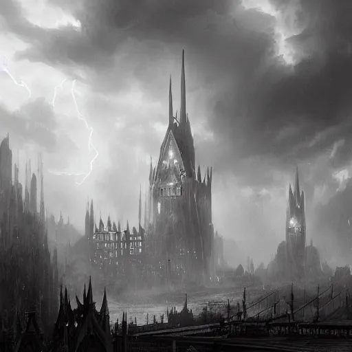 Prompt: an ultra detailed black and white matte painting of a lonely and impossibly tall ominous gothic dark citadel tower of the evil patriarch, in the style of magic the gathering, in a river elevated high above the city, flintlock fantasy capital city, ultrawide lense, aerial photography, scary thunderstorm, exquisite detail, 8 k, art by greg rutkowski and alphonse mucha