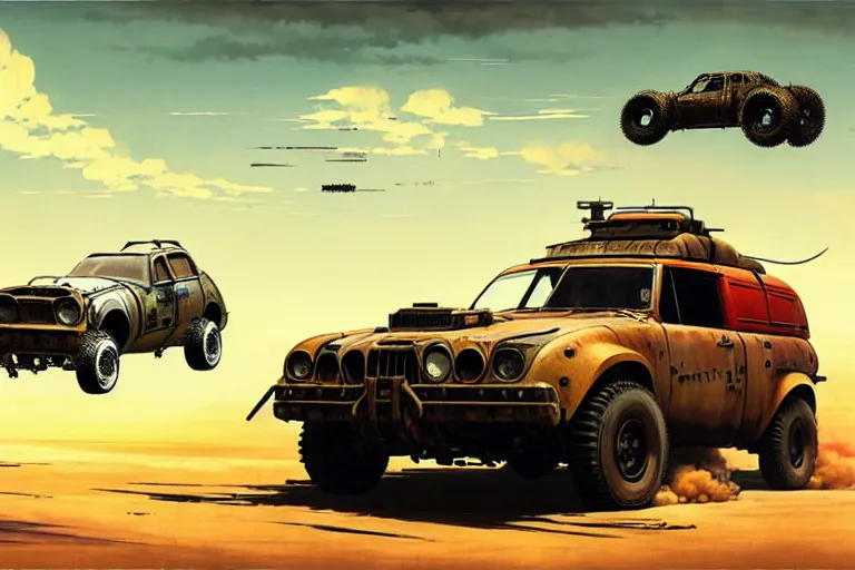 Prompt: dieselpunk mad max's 4 wd offroad honda kei van pursuit special : : speeding over the horizon : : painted by greg rutkowski makoto shinkai takashi takeuchi studio ghibli, akihiko yoshida