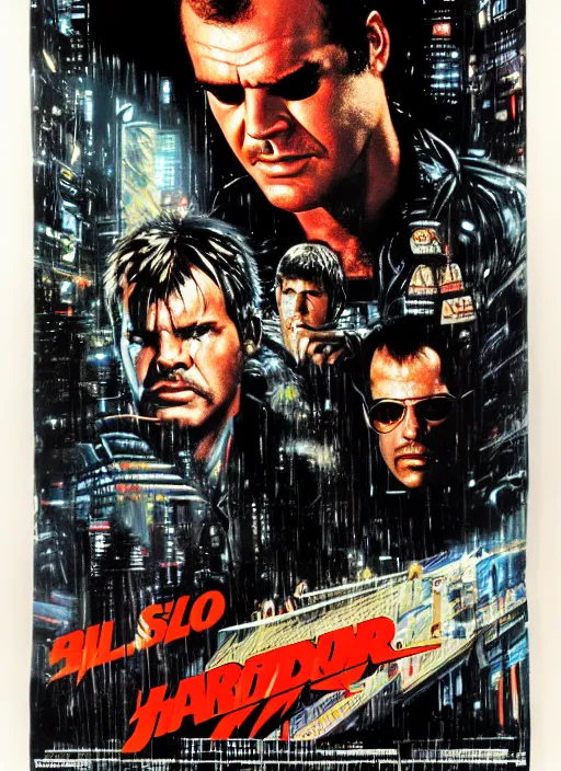 Prompt: 32 year old Jack Nicholson, instead of Harrison Ford, on the original movie poster of blade runner, 1982, movie poster, highly detailed, high quality,