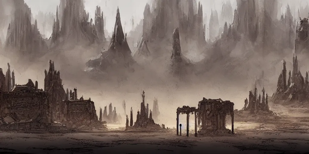 Image similar to city and temples of arrakis, but it is a luxurious oasis with trees and water, arrakeen, arab architectural and brutalism and gigantism, composition idea concept art for movies, style of denis villeneuve and greg fraiser