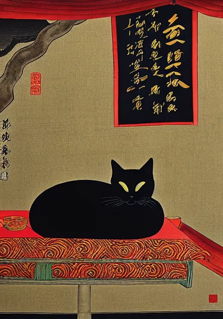 Prompt: black cat sleeping on shrine, by Shen Quan, hanging scroll, ink and colour on silk, low saturation