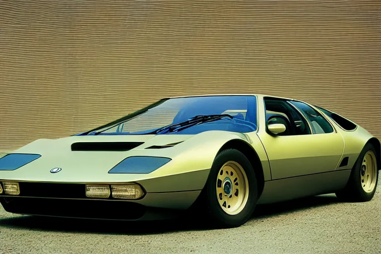 Image similar to designed by giorgetto giugiaro stylized poser of a single 1 9 7 3 miura citroen dm bmw m 1 ( ( mclaren f 1 ) ) delorean thick neon lights ektachrome photograph volumetric lighting f 8 aperture cinematic eastman 5 3 8 4 film