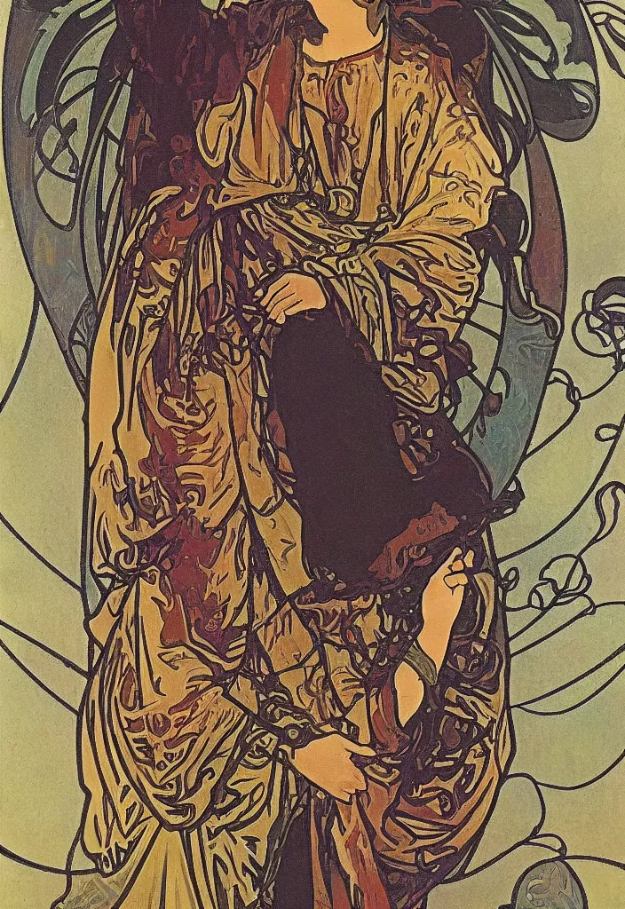 Image similar to Geoffrey Hinton on a tarot card, tarot major arcana in art style by Alphonse Mucha