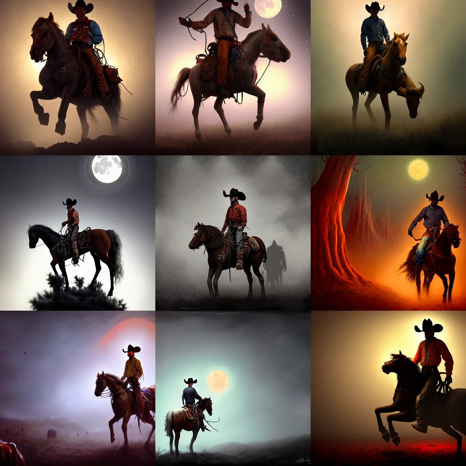 Prompt: cowboy mounted on horse riding unexplored lands in moon, creepy, horror, foggy, 2 point lights, oleo painting, highly detailed, 8 k, photorealistic, art concept, artstation, sharp focus