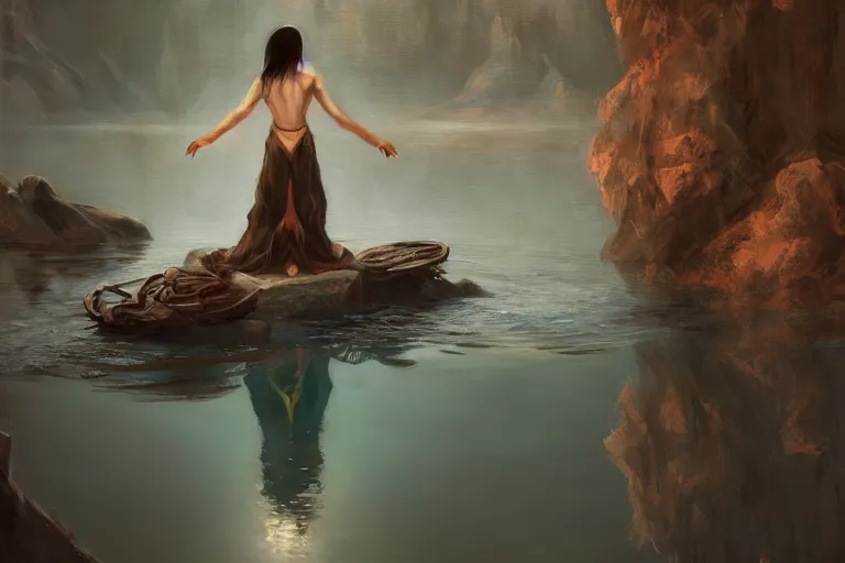 Image similar to first person perspective of a woman looking at her hands full of rings, the woman is reflected in the water of a lake, in the style of ruan jia, illustration, epic, fantasy, hyper detailed, smooth, unreal engine, sharp focus, ray tracing