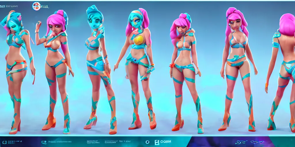 Prompt: Character sheet of pool party sona (League of Legends). 3d unreal engine 5 trending on artstation