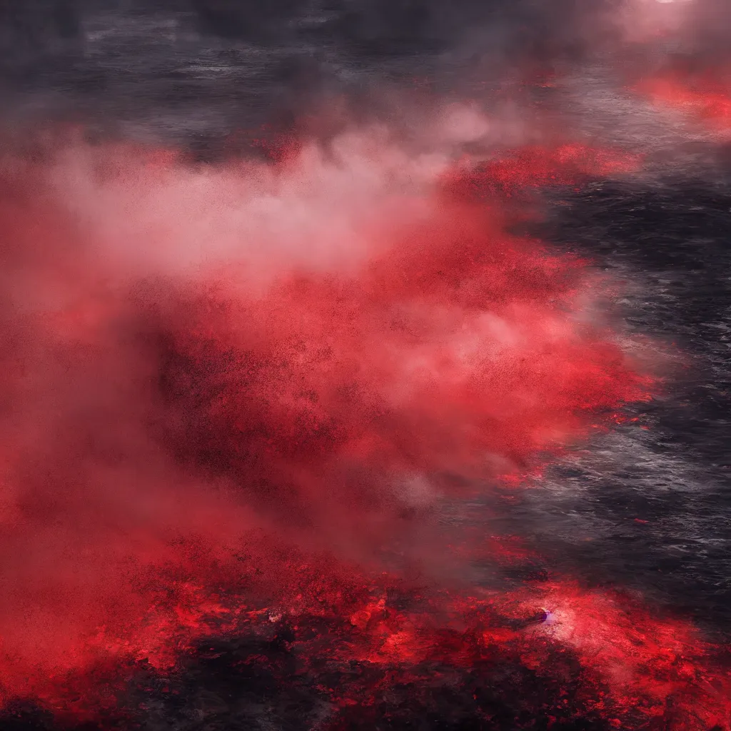 Prompt: a churning, boiling red sea with lots of smoky black and red steam, fantasy digital art, octane render, beautiful composition, gridless DND map, masterpiece