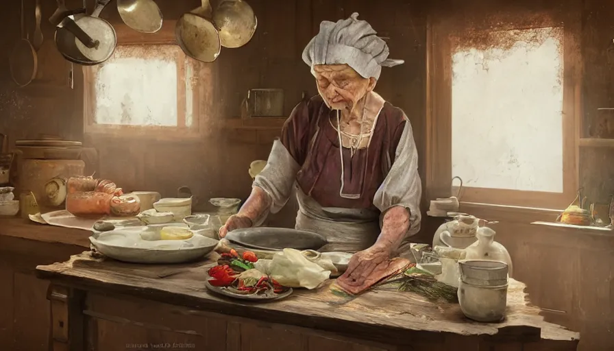 Image similar to old russian lady cooking in her old 1 9 0 0's kitchen, old house, old wooden table, pan and plates, hyperdetailed, artstation, cgsociety, 8 k