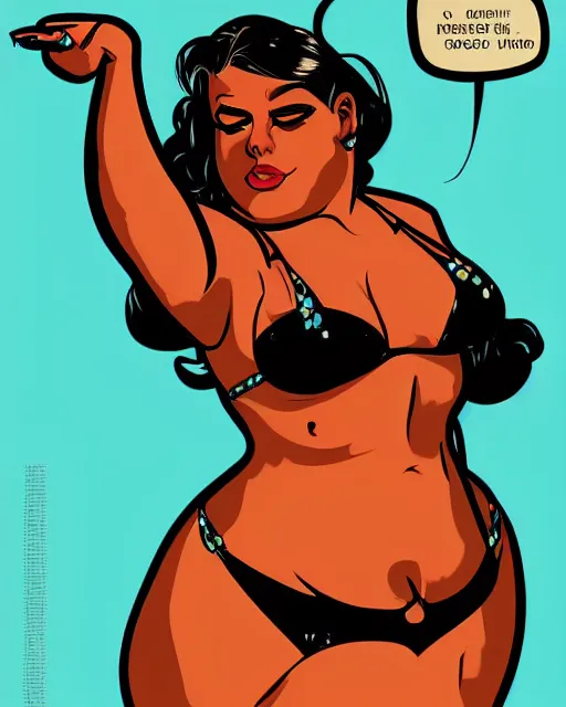 Prompt: upper body pinup of a gorgeous woman, obese, muscular, wearing bikini. pop art, gta. beautiful face!!! in the style of charlie bowater, alain aslan, ralph bakshi, dan mumford.