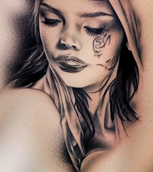 Prompt: tattoo design sketch of a beautiful woman face with a faded background of beautiful mountain nature on her side, hyper - realistic, double exposure, in the style of den yakovlev, amazing detail, black and white, faded