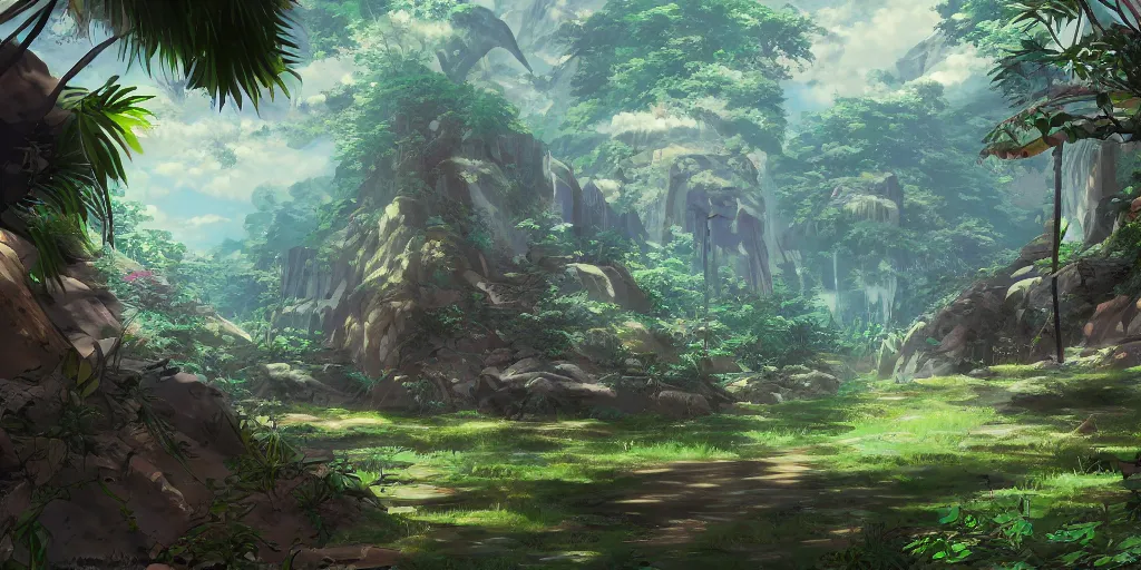 Image similar to Anime environment, huge jungle, animals, simple, rough draft, sketch, muted colors, 8k, trending on artstation