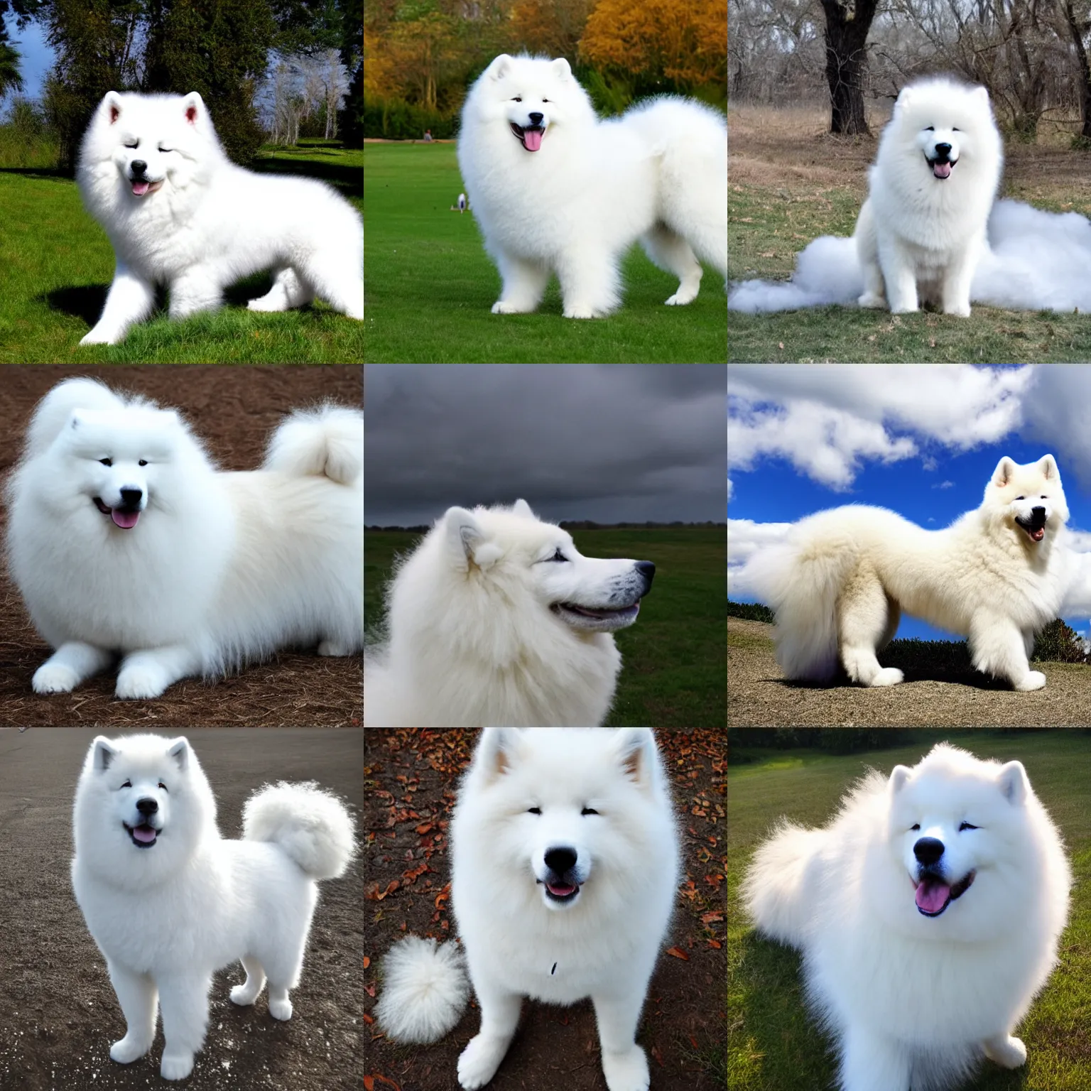 Prompt: a samoyed made of clouds, fur made of clouds, photo