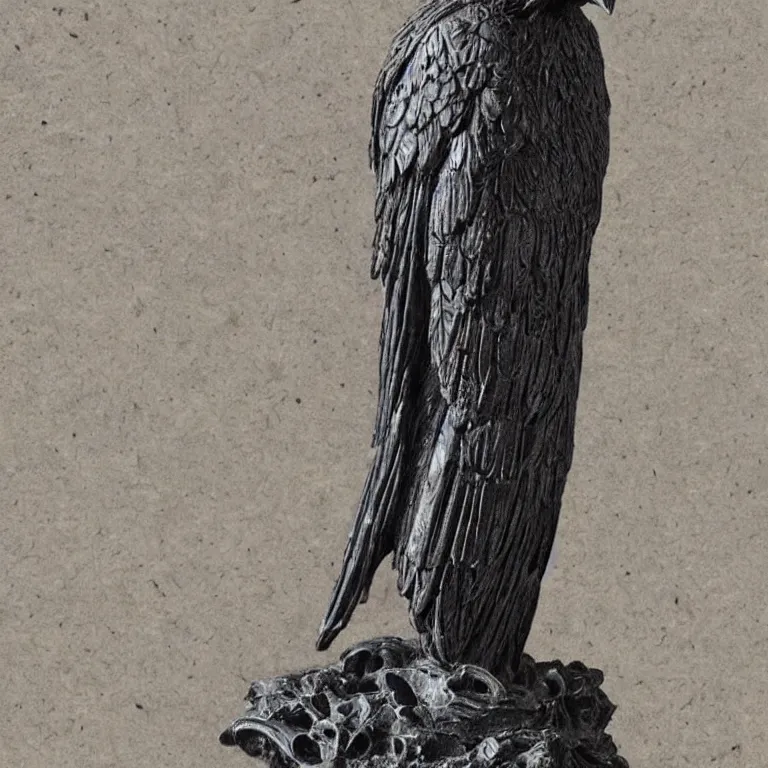 Image similar to photo of a intricately detailed marble statue of raven bird by leonardo davinci