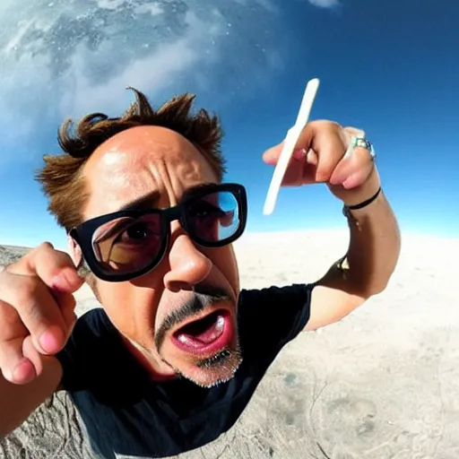Prompt: robert downey jr eating a delicious hot dog on the moon, gopro selfie with a fisheye lens
