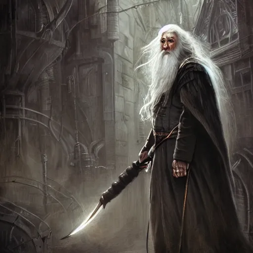 Prompt: gandalf, steampunk, full body, fine details, magic, depth, painted by seb mckinnon, high detail, digital art, painted by greg rutkowski, trending on artstation