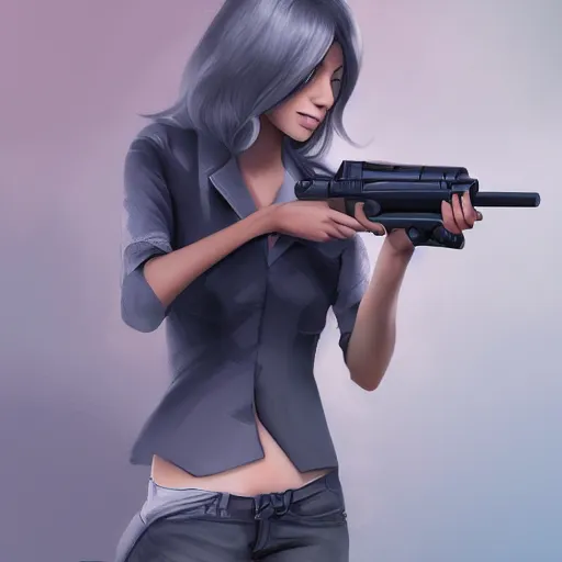 Prompt: a girl wearing a business, she has grey hair and is holding a revolver, digital painting, smooth, hd, realist, artstation, deviantart