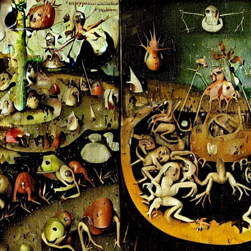 Prompt: a frog dunking over demons boiling a sinner in the garden of earthly delights, close up, hieronymus bosch