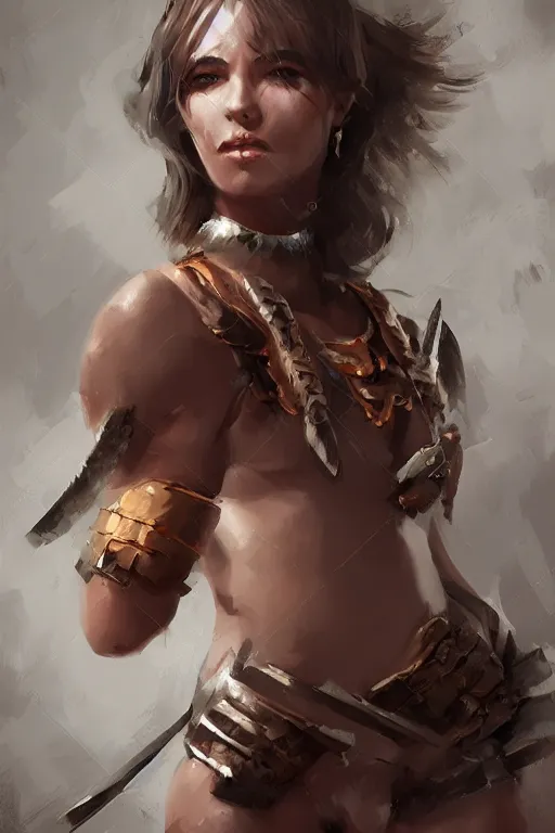 Prompt: head and legs portrait of a barbarian female, ultra sharp, very detailed, high quality focus by wlop