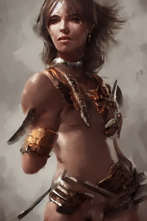 Image similar to head and legs portrait of a barbarian female, ultra sharp, very detailed, high quality focus by wlop