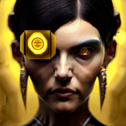 Image similar to woman with extremely large and intricate haircut with angry yellow eyes and slim features looking askance, eye cyberpunk bionics, retro futurist style, intricate, elegant gleaming intricate baroque jewelry, angelic halo, highly detailed, digital painting, artstation, concept art, smooth, sharp focus, illustration, art by wlop, mars ravelo and greg rutkowski,