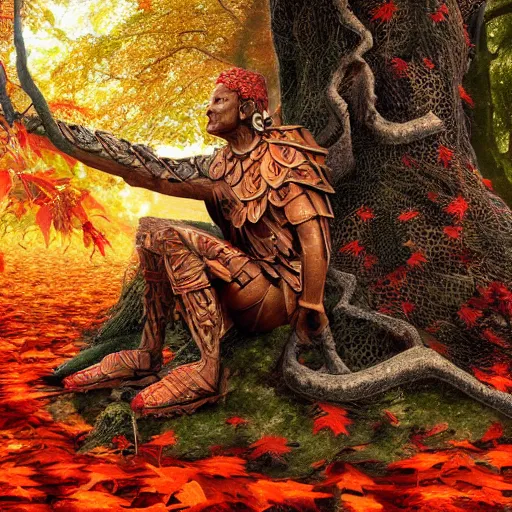 Image similar to warrior with surface of tree - bark, wearing stone wood vines armor, sitting in lotus position by tall tree with red and orange autumn leaves, meditation, highly detailed, dramatic lighting, cinematic, sci - fi, hyperrealistic, detailed