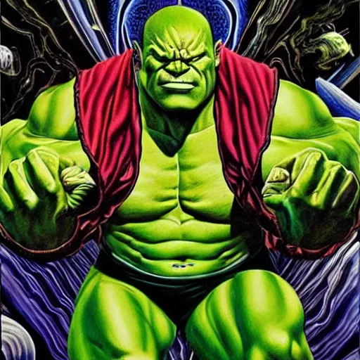 Image similar to the incredible hulk, painted by alex grey