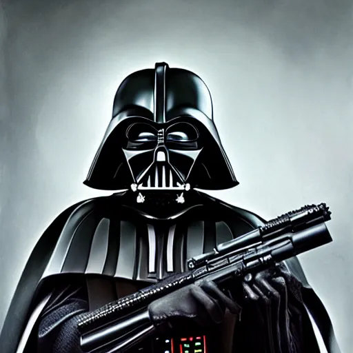 Prompt: hyperrealistic portrait of gothic cyberpunk darth vader holding a machine gun, 4 k, highly detailed, beautifully rendered