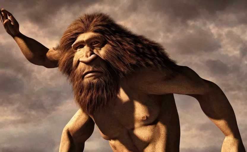 Image similar to made a photorealistic of neanderthal became a prophet and many people follow him, perfect dynamic posture, perfect dynamic pose, perfect dynamic form, pinterest, perfect dynamic position, award winning photo by national geographic, and pulittzer winner, bokeh, reduce duplication interference