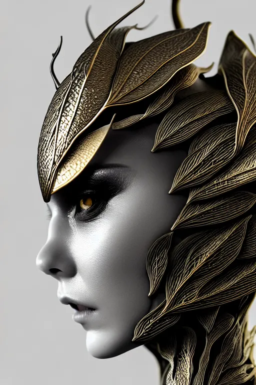 Image similar to bw contrasted close - up profile face, black background, beautiful young porcelain vegetal - dragon - cyborg - female, 1 5 0 mm, beautiful natural soft rim light, silver gold details, magnolia leaves and stems, roots, mandelbot fractal, elegant, ultra detailed, white metallic armour, octane render, h. r. giger style