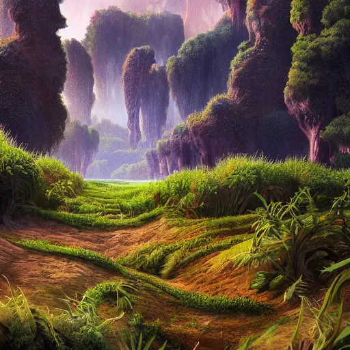 Image similar to painting of a lush natural scene on an alien planet by vincent bons. ultra sharp high quality digital render. detailed. beautiful landscape. weird vegetation. water.