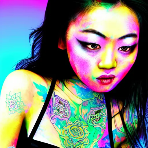 Prompt: beautiful asian girl with tattoo in psychedelic background, portrait, 8 k, digital art