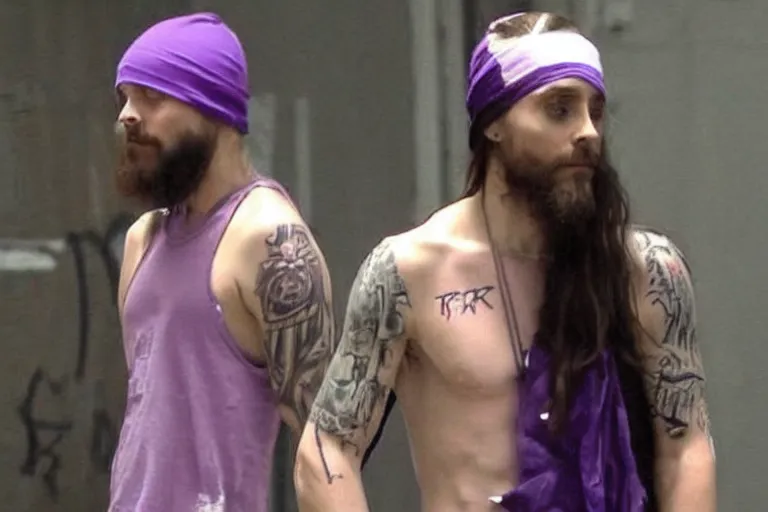 Image similar to jared leto as a white gang member wearing a purple head covering made from a polyester or nylon material and a stained white tank top caught dealing drugs inside a detroit gang trap house, arms covered in gang tattoo, paparazzi, leaked footage, uncomfortable, bad quality