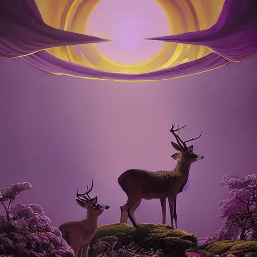 Image similar to a beautiful matte painting of screaming deer and fairy in colorful purple silk by Dean Ellis, award winning, atmospheric, epic and stunning, intricate details, sense of awe, anthropomorphic, featured on artstation