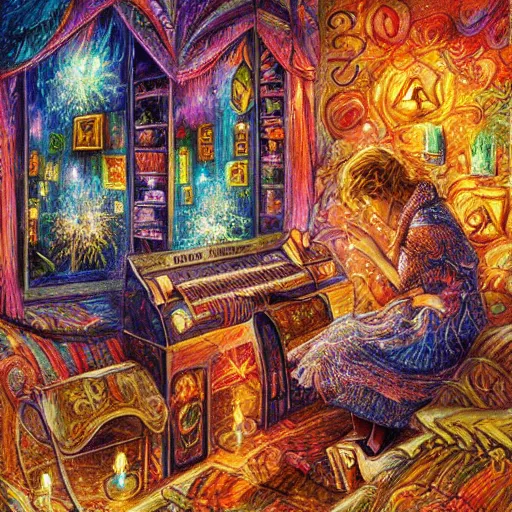 Prompt: album cover design by Josephine Wall, fireworks and cozy nook, digital art