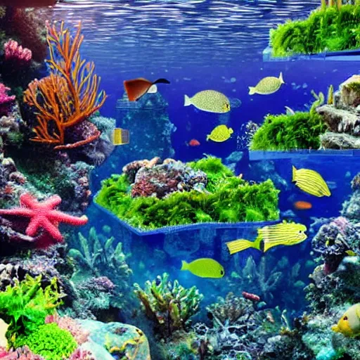 Image similar to underwater habitat 67 with lush vegetation, coral and marine creatures surrounding it