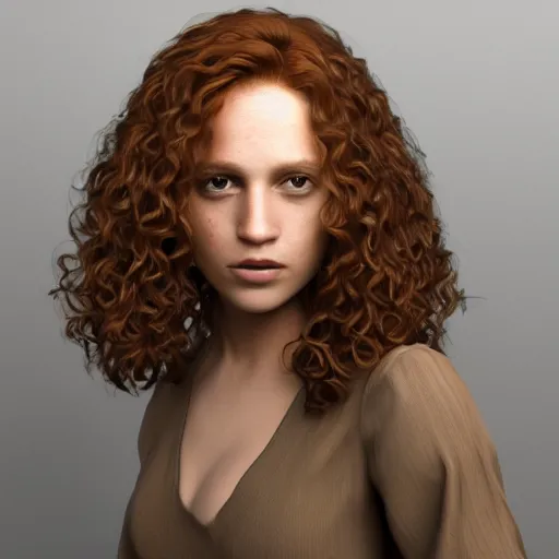 Prompt: Curly ginger hair Alicia Vikander, realistic, photo studio, HDR, 8k, trending on artstation