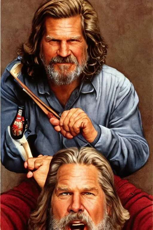 Image similar to Jeff Bridges from the movie The big Lebowski playing bowling painted by Norman Rockwell