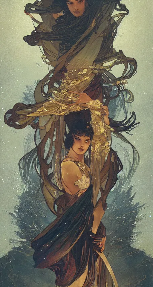 Prompt: the star tarot card with a male, the star tarot card with a male, the star tarot card with a male, elegant, dramatic lighting, graphic art, volumetric lighting, by Krenz Cushart and Artem Demura and Alphonse Mucha