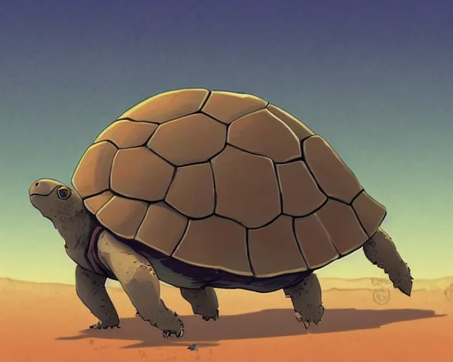 Image similar to a study of cell shaded cartoon turtle with 6 legs from howl's moving castle ( 2 0 0 4 ), on a desert road, illustration, wide shot, subtle colors, post grunge, concept art by josan gonzales and wlop, by james jean, victo ngai, highly detailed, sharp focus, trending on artstation, hq, deviantart, art by artgem