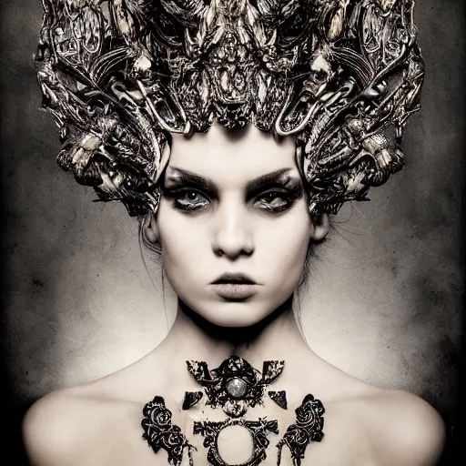 Prompt: a portrait of female model by stefan geselle and nekro borja, photorealistic, intricate details, hyper realistic, ornate headpiece, dark beauty, photorealistic, canon r 3, wide shot, photography, dark beauty, symmetrical features, wide angle shot